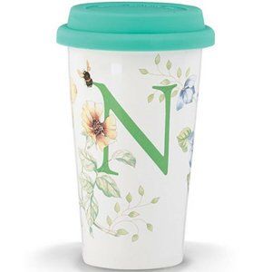 brand new HEAVY Lenox Butterfly Meadow Initial N 12-oz Porcelain Tumbler w/ Lid